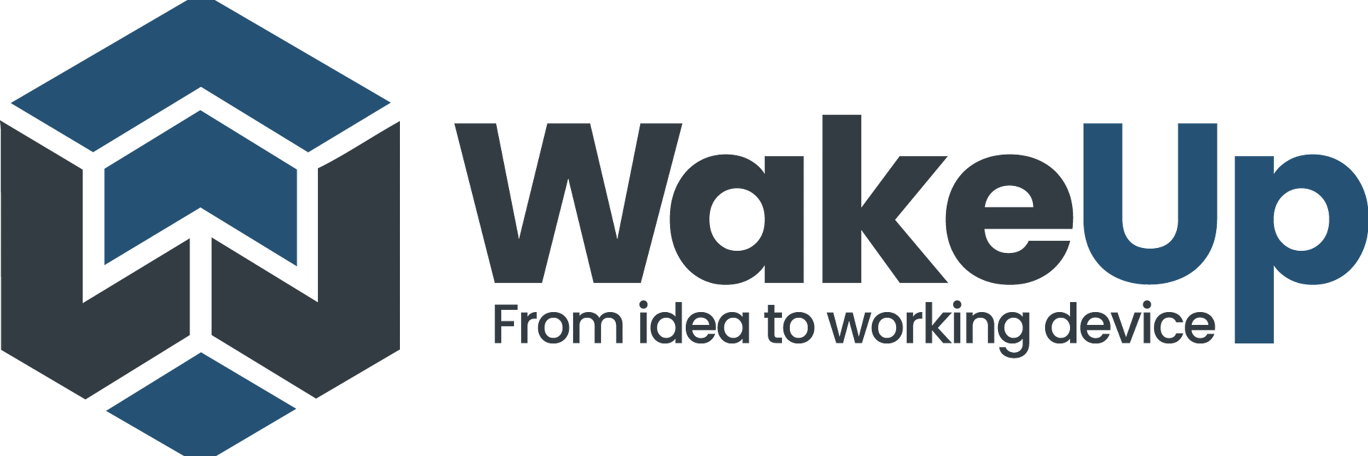 Logo WakeUp in formato orizzontale con payoff “From idea to working device”